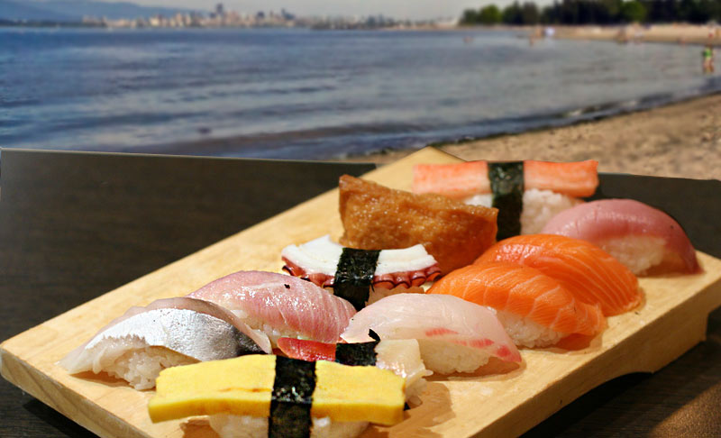 Sushi rolls being served at our beach restaurant in Vancouver